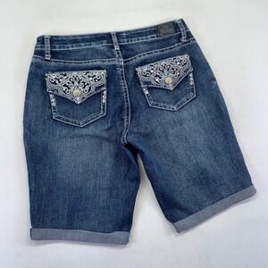 Love Indigo Denim Bermuda Shorts Womens 12 Embellished Pockets Dark Wash Y2k